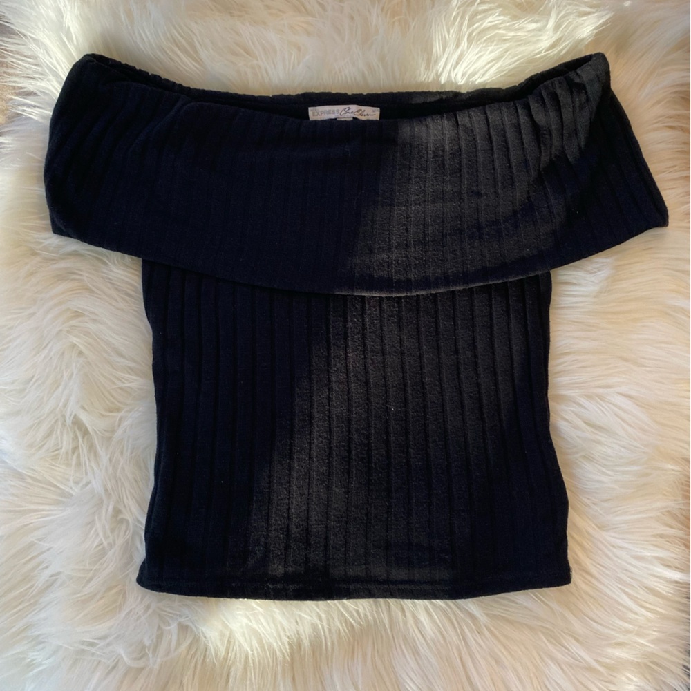 Express Black Off-Shoulder Ribbed Top Size Medium